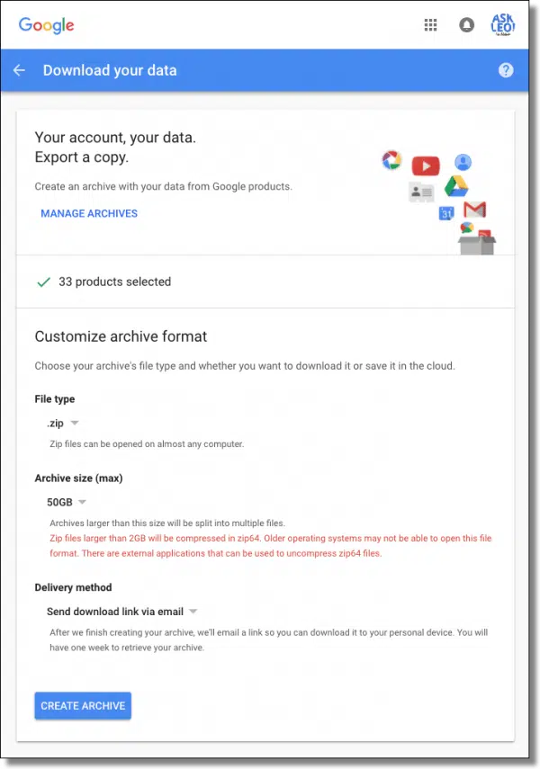 Google Create Archive