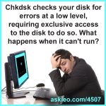 Chkdsk checks your disk for errors at a low level, requiring exclusive access to the disk to do so. What happens when it can't run?