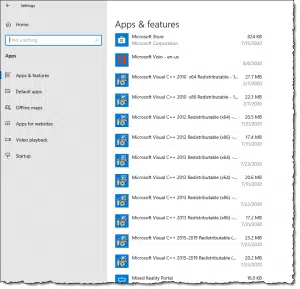 Visual C++ Redistributables in Settings, Apps & features