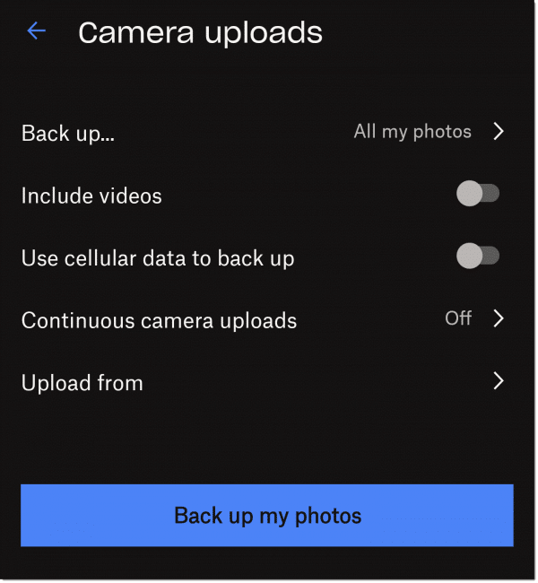 Dropbox Camera uploads options.