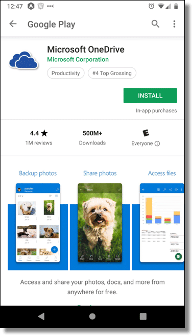 Microsoft OneDrive in the Google Play Store