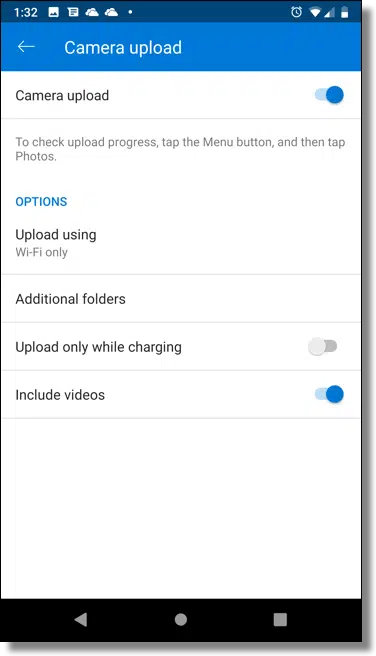 OneDrive Camera Upload Settings