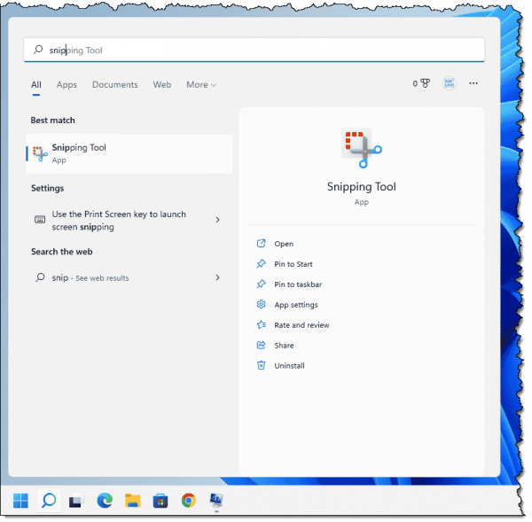 Snipping tool in search.