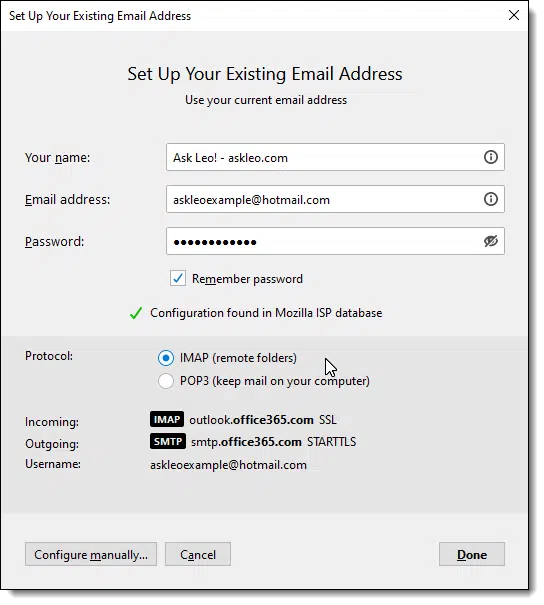 Thunderbird configured for outlook.com.