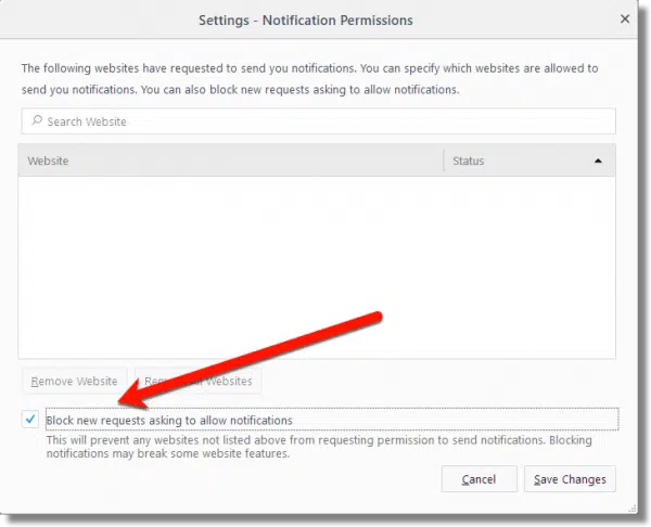 Block new notification requests in Firefox