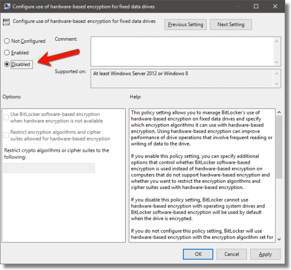 Disable the use of hardware-based encryption