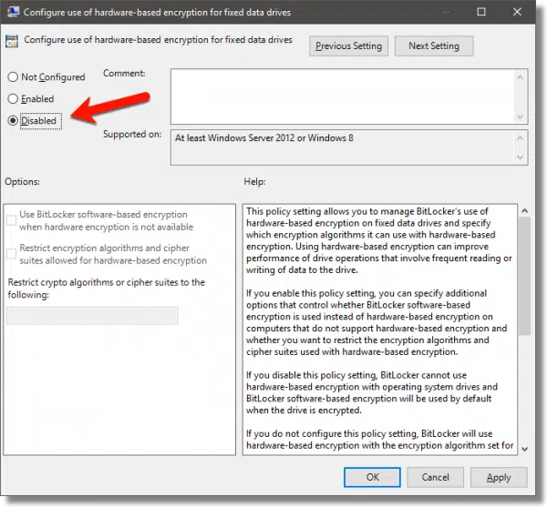Disable the use of hardware-based encryption