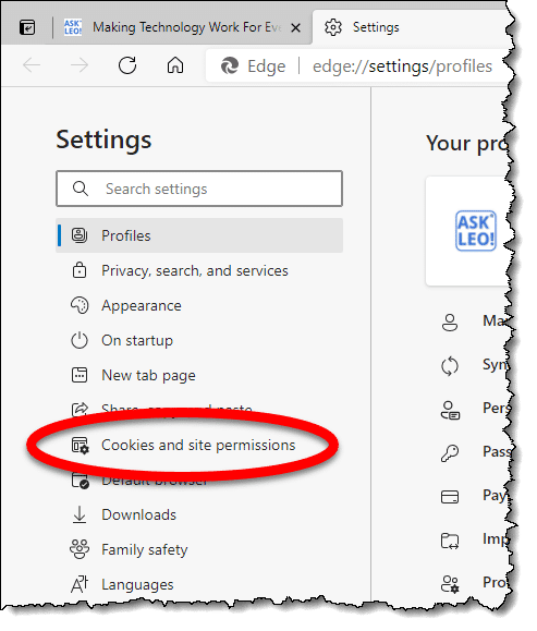 Edge cookies and site permissions.