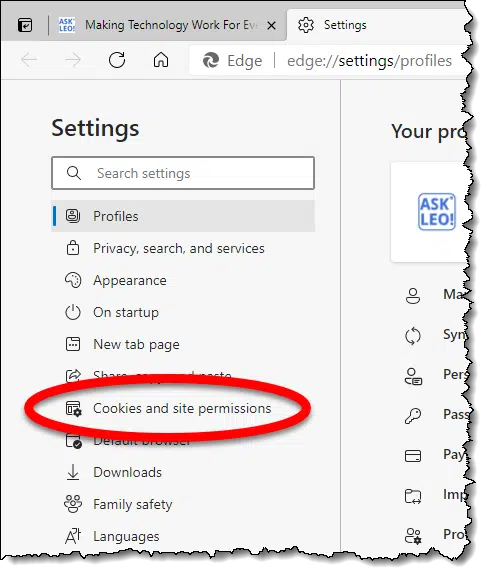 Edge cookies and site permissions.