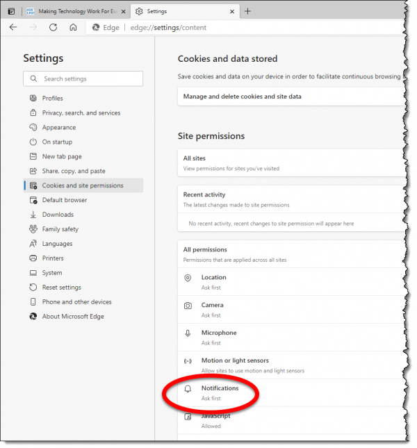 Edge settings - Notifications.