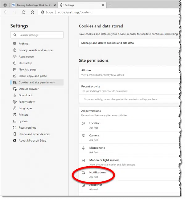 Edge settings - Notifications.