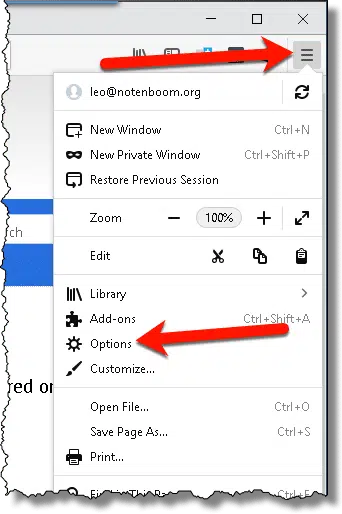 Firefox Options menu item