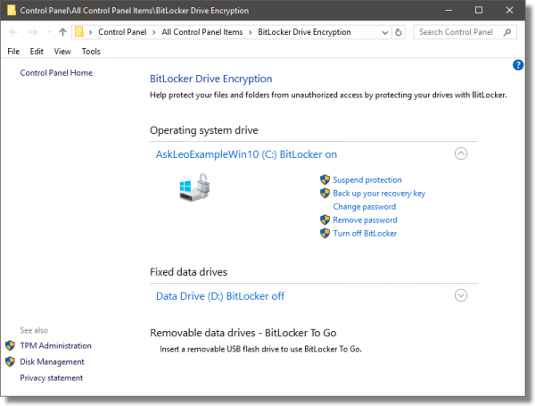 Manage Bitlocker dialog