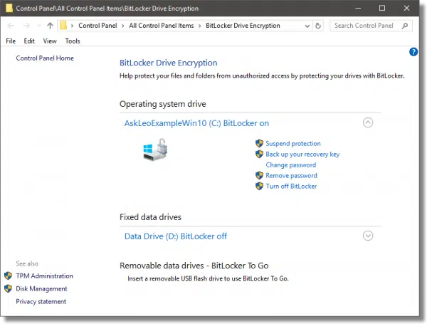 Manage Bitlocker dialog