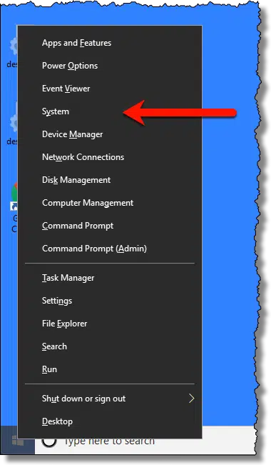 System item on the right-clicked Start menu