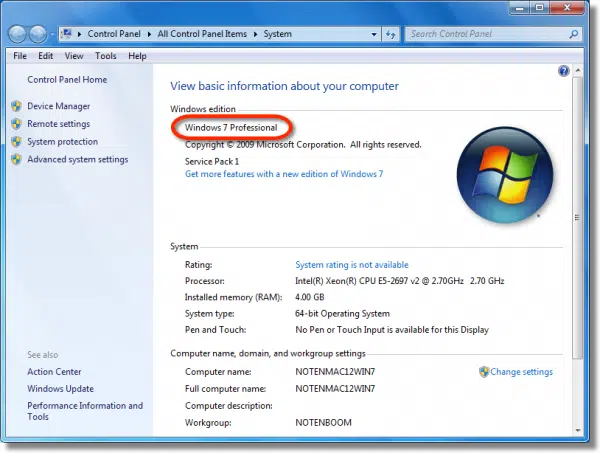 Windows 7 Edition in the System Properties dialog