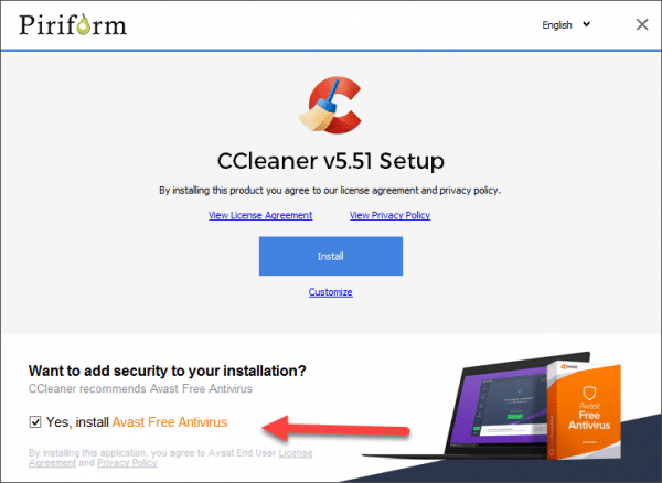 CCleaner Install with Avast as a PUP