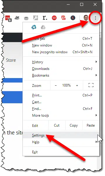 The menu, showing the Settings item, in Google Chrome