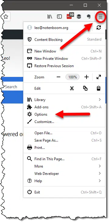 Menu in Firefox, showing the Options item