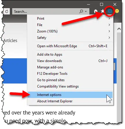 Internet Explorer options menu item