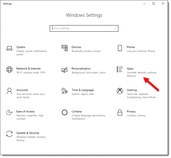 The Apps link in Windows 10 Settings