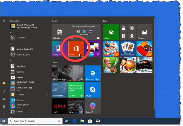 The Microsoft Office app in the tiled Start menu