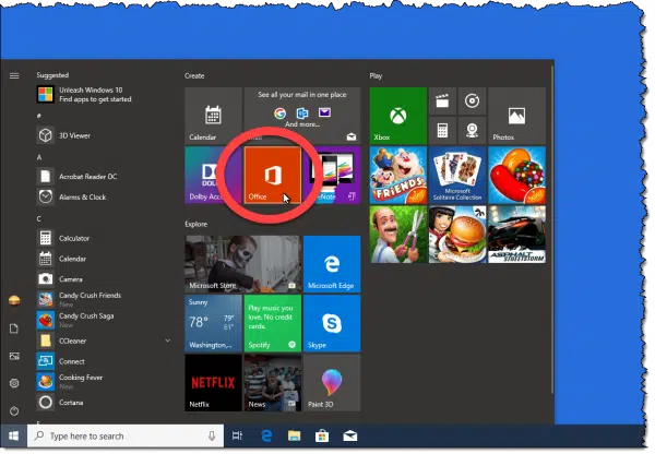 The Microsoft Office app in the tiled Start menu