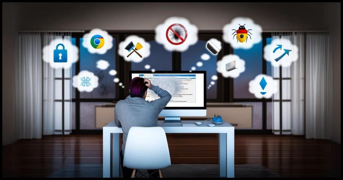 The scene includes a frustrated user in front of a computer displaying a frozen web page, with thought bubbles or icons surrounding them. These icons represent different troubleshooting steps like scanning for malware (depicted by a magnifying glass over a bug), clearing the browser cache (a broom sweeping browser windows), disabling add-ons (a plug or extension cord with a cross over it), and reinstalling the browser (an arrow circling a browser logo). 
