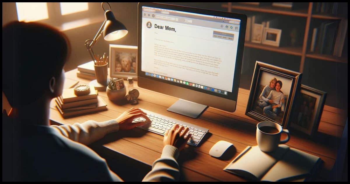 A photorealistic image of a person sitting at a desktop computer, writing an email. The computer screen displays the email message, clearly starting with 'Dear Mom,'. The setting is a cozy home office with personal items like family photos, books, and a coffee mug.