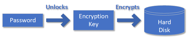 Password unlocks encryption key which unlocks data.