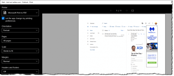 Printing outlook.com itself, with folders, controls, and ad