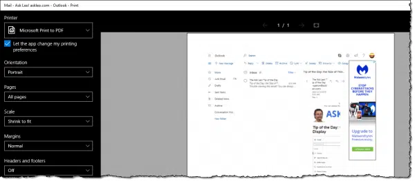 Printing outlook.com itself, with folders, controls, and ad