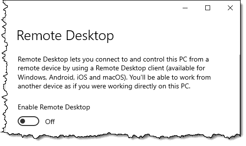 Remote Desktop option in Windows 10