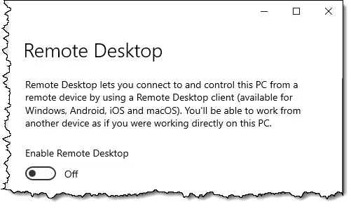 Remote Desktop option in Windows 10