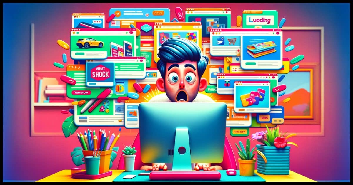 A cartoon-style image of a surprised person sitting in front of their computer. The computer screen is overflowing with colorful pop-up ads, each showing products that the person has recently viewed online, like electronics, books, and clothing. The person's expression is exaggerated with wide eyes and a dropped jaw, capturing their shock and confusion about the nature of these targeted ads. The setting is a quirky home office with a vibrant desk, a fun, stylized chair, and playful decorative items in the background.