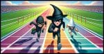 A cartoon-style image of a race track featuring runners racing, with the runner dressed as a black hat hacker clearly winning. The black hat hacker, in a cartoonish dark outfit with a stylized black hat, should be significantly ahead of the runner dressed as a white hat hacker, who is in a cartoonish light-colored outfit with a whimsical white hat. The background should show a colorful race track, emphasizing a playful and fun approach to the concept of cybersecurity.