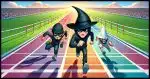 A cartoon-style image of a race track featuring runners racing, with the runner dressed as a black hat hacker clearly winning. The black hat hacker, in a cartoonish dark outfit with a stylized black hat, should be significantly ahead of the runner dressed as a white hat hacker, who is in a cartoonish light-colored outfit with a whimsical white hat. The background should show a colorful race track, emphasizing a playful and fun approach to the concept of cybersecurity.