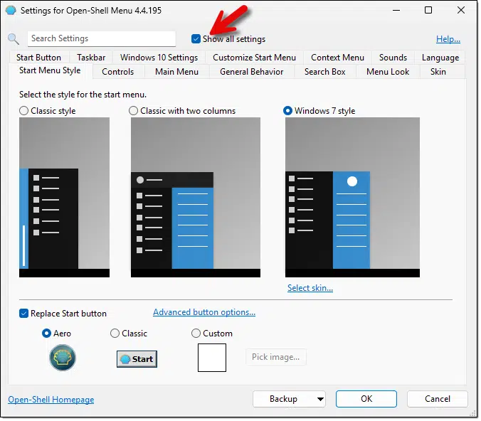 Open Shell Settings