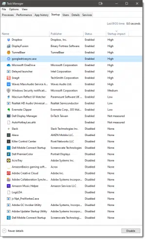 Task Manager Startup list on Leo's laptop