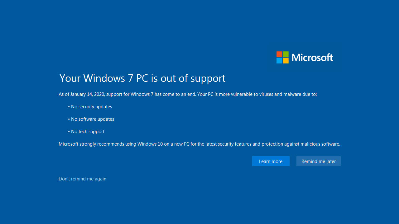 Your Windows 7 PC is out of support