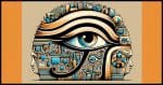 An image in an ancient Egyptian drawing style that depicts a giant, expressive eye with various internet cables and connections in the background. The artwork should mimic the aesthetic of ancient Egyptian art, characterized by profile views, flat figures, and bold outlines. The design should blend the theme of Internet Service Providers' potential to monitor internet activity with the distinctive art style of ancient Egypt, incorporating elements like hieroglyphics and traditional Egyptian color schemes.