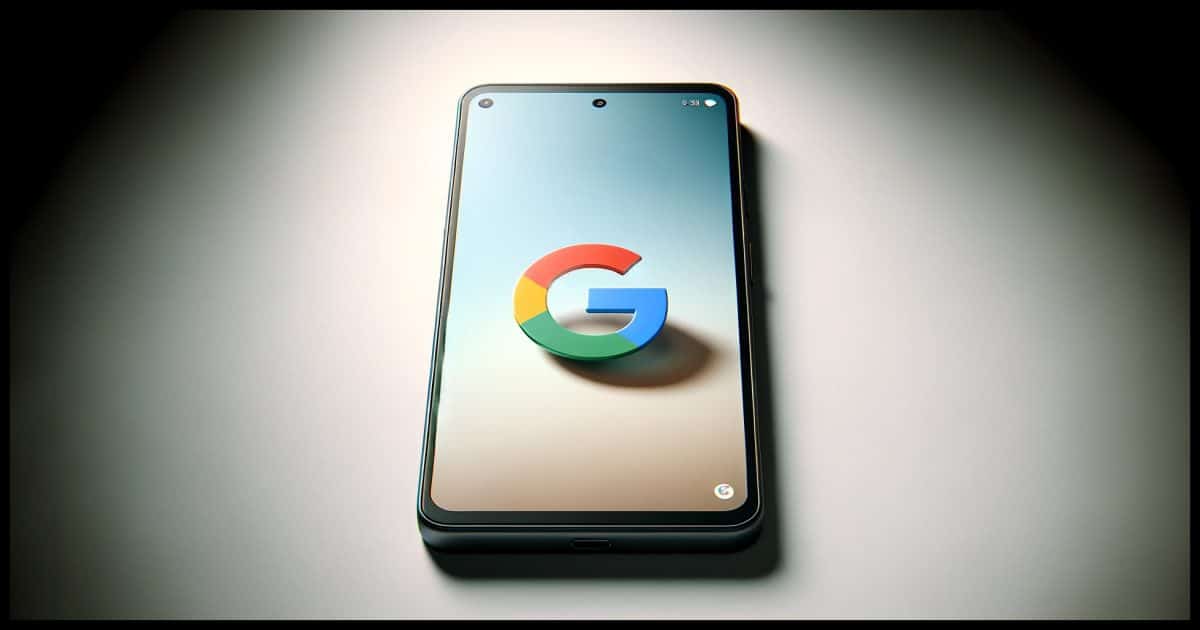 A photorealistic image of a modern smartphone on a light background. The smartphone should be centrally positioned and turned on, displaying the Google logo prominently on its screen. The phone design should be sleek and contemporary, with a high-resolution display showcasing the Google logo clearly and vividly. The background should be light and neutral, complementing the smartphone and making the Google logo stand out as the focal point of the image.