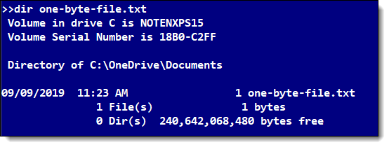 A one-byte file, listed in the Windows Command Prompt