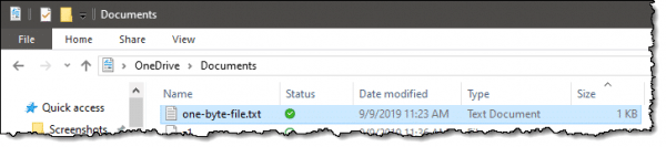 A one-byte file, listed in the Windows File Explorer