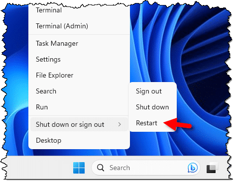 Restart option in Windows 11