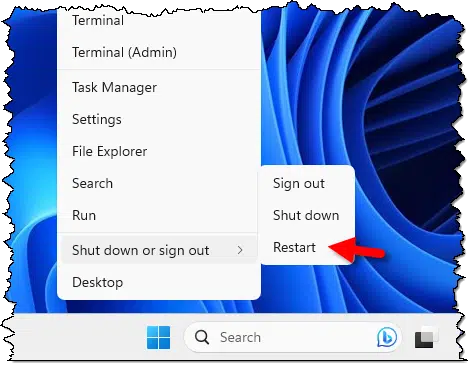 Restart option in Windows 11