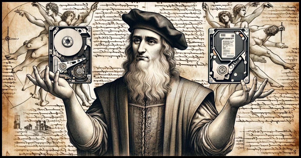 An image in the style of Leonardo Da Vinci's handwritten manuscripts. It features a man with a questioning look on his face, dressed in Renaissance attire, with arms outstretched, each holding a hard drive. The background includes Leonardo's characteristic handwriting, sketches, and diagrams.
