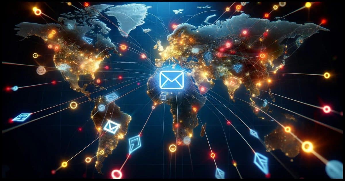 A world map with multiple glowing points and arrows coming from various countries, all converging on a central email icon or inbox. The image illustrates the concept of global cyberattacks targeting a user's account. The world map is detailed, and the arrows are dynamic and colorful, symbolizing the continuous and widespread nature of these attacks. The background is dark to enhance the visibility of the glowing points and arrows, and the email icon is prominently displayed at the center of the map.