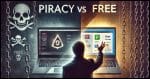 An image illustrating the concept of piracy versus legal alternatives for software. On one side, an open laptop shows a warning symbol and the word 'Piracy,' with dark, shadowy tones surrounding it, representing theft. On the other side, the same laptop screen shows free software options with bright, positive colors. Between them, a person is reaching towards the ethical side, with a thoughtful expression. The background subtly reflects a global setting, with subtle references to technology education.