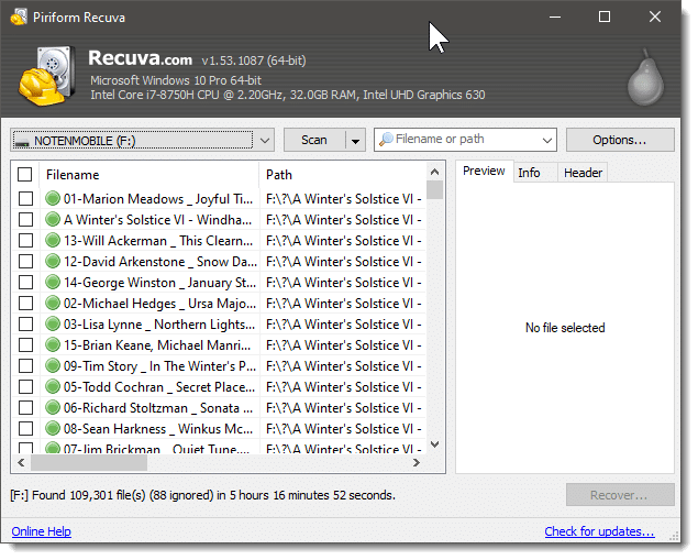 Recuva listing "found" files